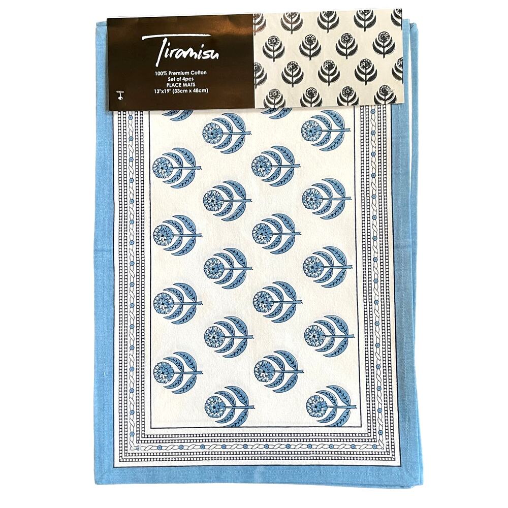 TIRAMISU Spring Summer Blue Floral 100% Cotton 13X19 Placemats Set of 4 NEW
